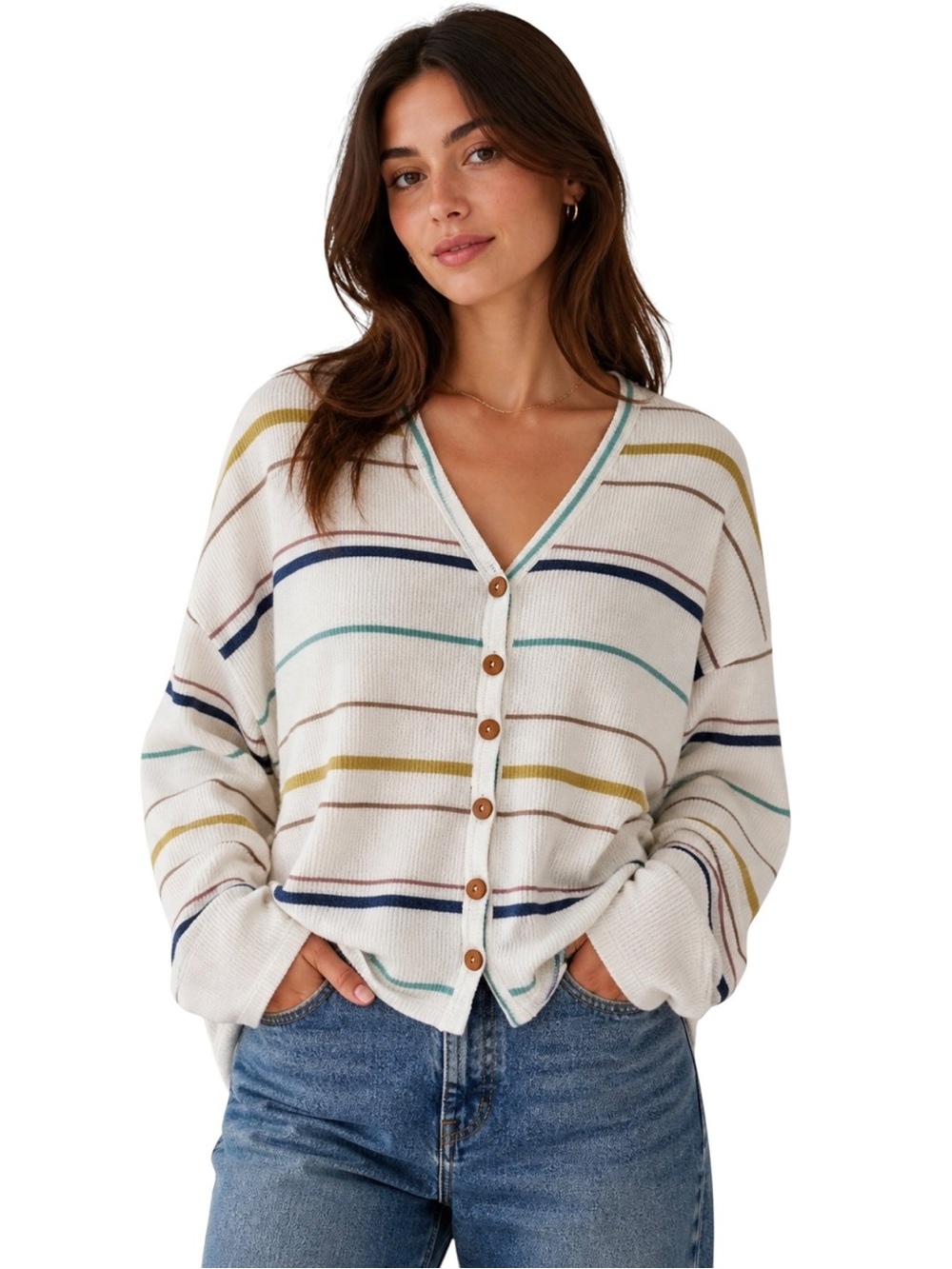 Altar’d State Striped Waffle Knit V-Neck Button Front Sweater Cardigan White XS